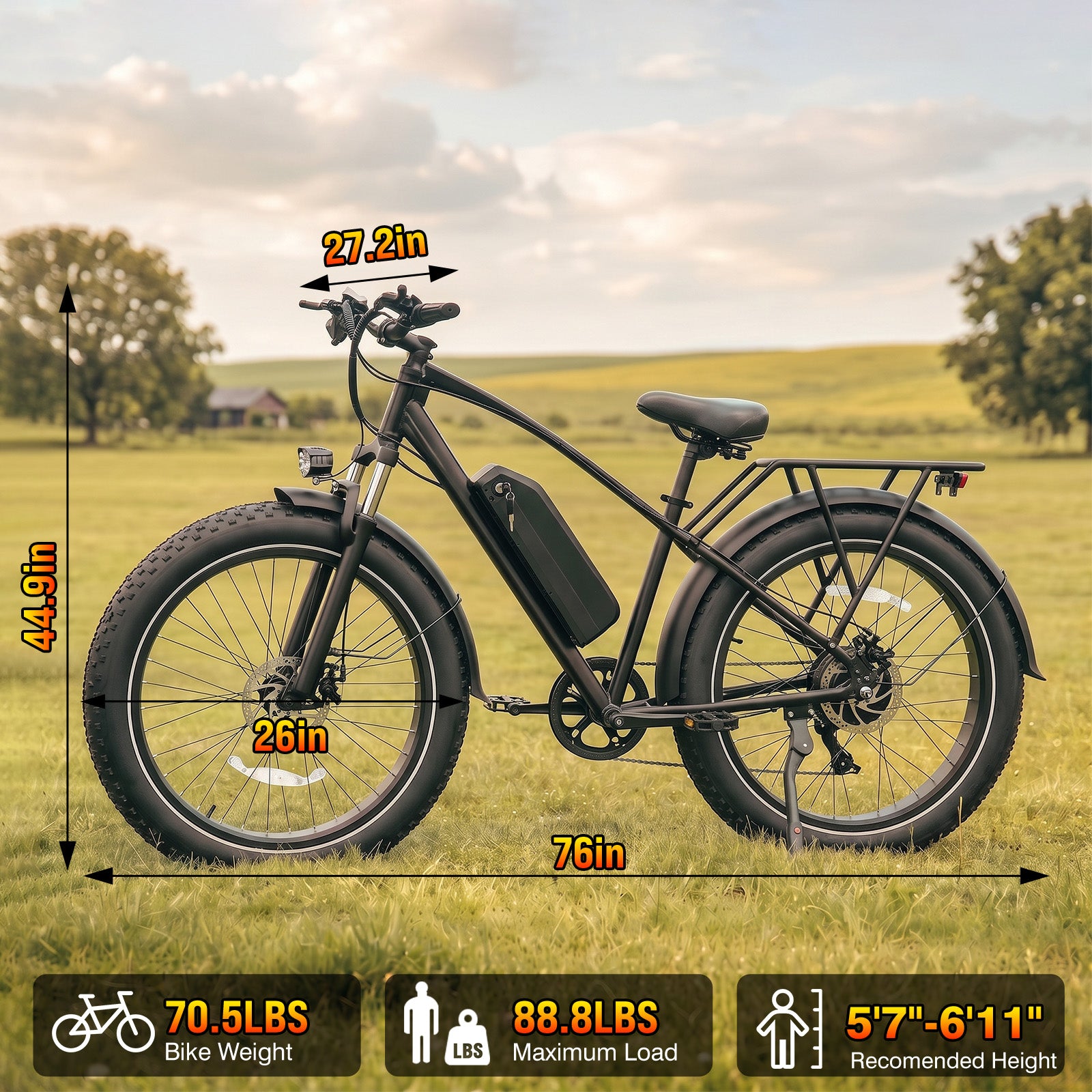 Rexei Yeki 1500W Electric Bike for Adults,26" Fat Tire EBike, 48V 18AH Battery, 28 MPH Max Speed, 7-Speed , 500 lbs, Front Suspension, Dual Disc Brakes, LCD Display, UL2849