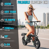 【Rexei Yeki】14 Inch Folding Electric Bicycle, 400W Adult Electric Bicycle, 48V 10.4Ah,Top Speed 19.9 Mph, Dual Disc Brake Safety System, 3-Speed Riding, Front Fork With Shock Absorption, Black
