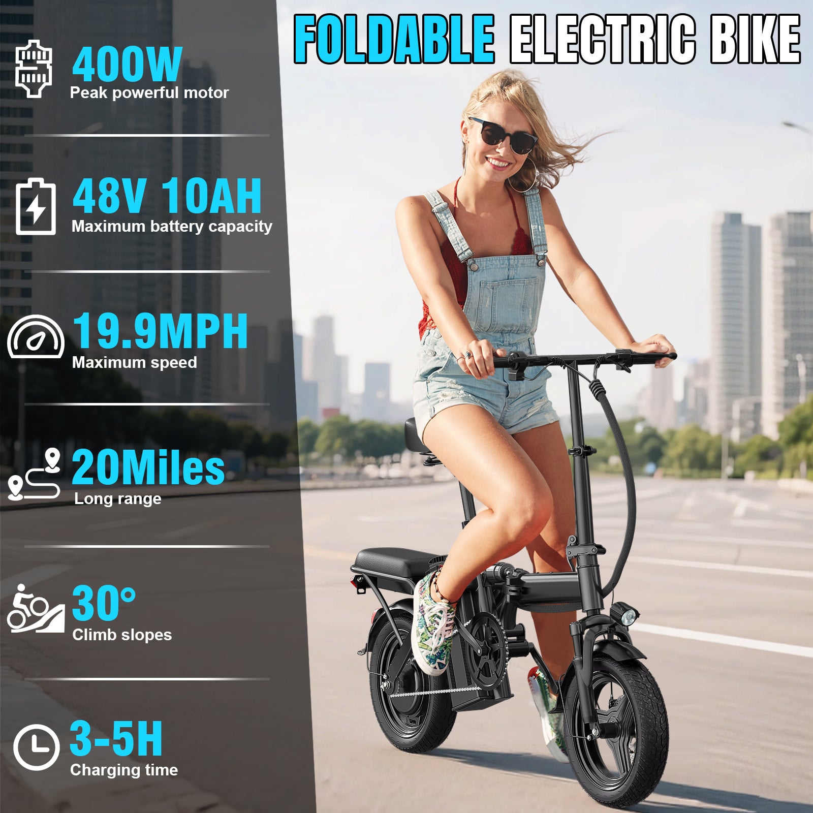 【Rexei Yeki】14 Inch Folding Electric Bicycle, 400W Adult Electric Bicycle, 48V 10.4Ah,Top Speed 19.9 Mph, Dual Disc Brake Safety System, 3-Speed Riding, Front Fork With Shock Absorption, Black