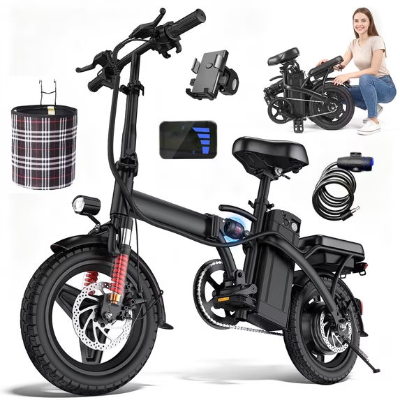 【Rexei Yeki 】14 Inch Folding Electric Bicycle, 560W Adult Electric Bicycle, 48V 10.4Ah, Maximum Range of 32 Miles, Dual Disc Brake Safety System, 3-Speed Riding, Front Fork with Shock Absorption, Black