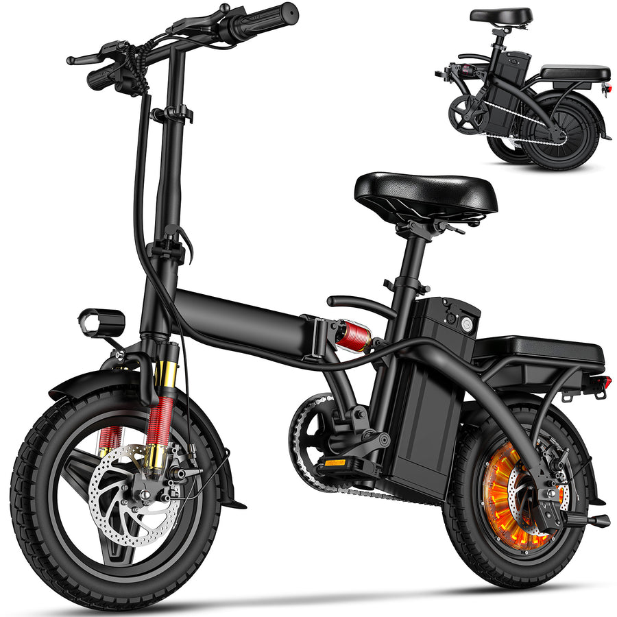 【Rexei Yeki 】14 Inch Folding Electric Bicycle, 400W Adult Electric Bicycle, 48V 10.4Ah,Top Speed 18Mph, Dual Disc Brake Safety System, 3-Speed Riding, Front Fork With Shock Absorption, Black