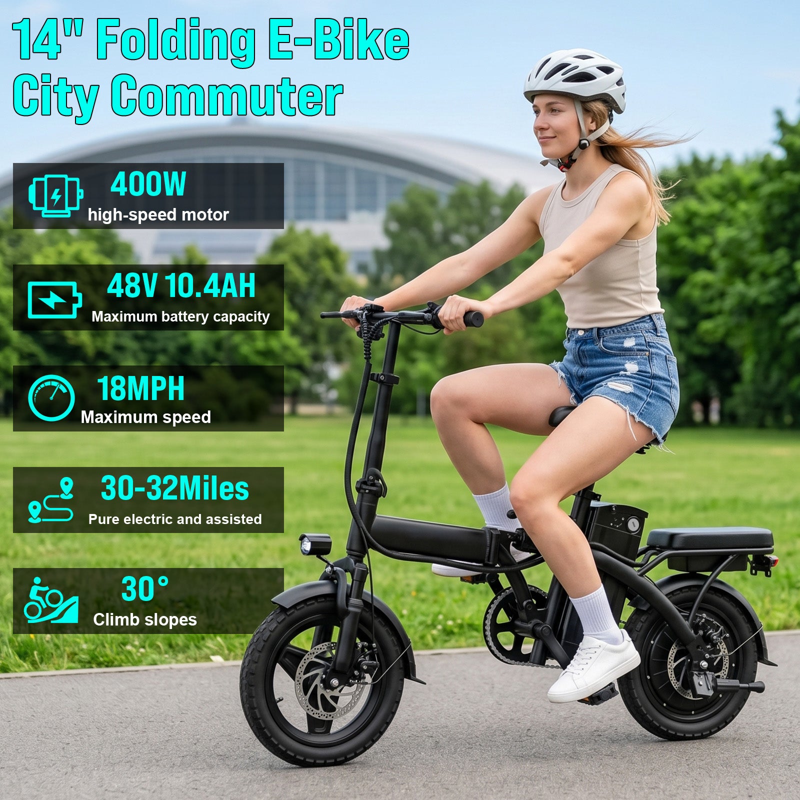 【Rexei Yeki 】14 Inch Folding Electric Bicycle, 400W Adult Electric Bicycle, 48V 10.4Ah,Top Speed 18Mph, Dual Disc Brake Safety System, 3-Speed Riding, Front Fork With Shock Absorption, Black