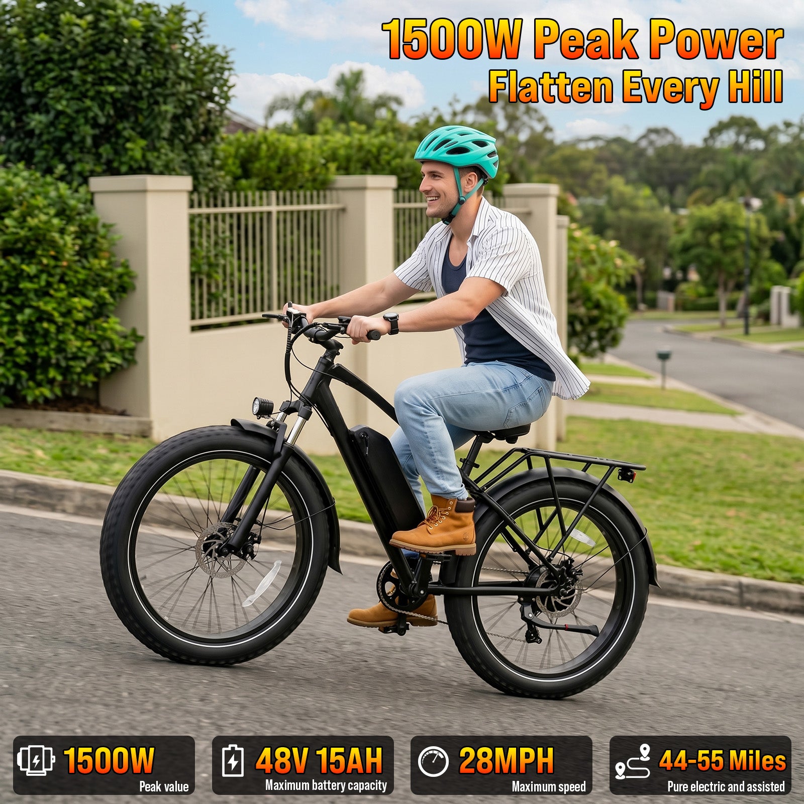Rexei Yeki 1500W Electric Bike for Adults,26" Fat Tire EBike, 48V 18AH Battery, 28 MPH Max Speed, 7-Speed , 500 lbs, Front Suspension, Dual Disc Brakes, LCD Display, UL2849