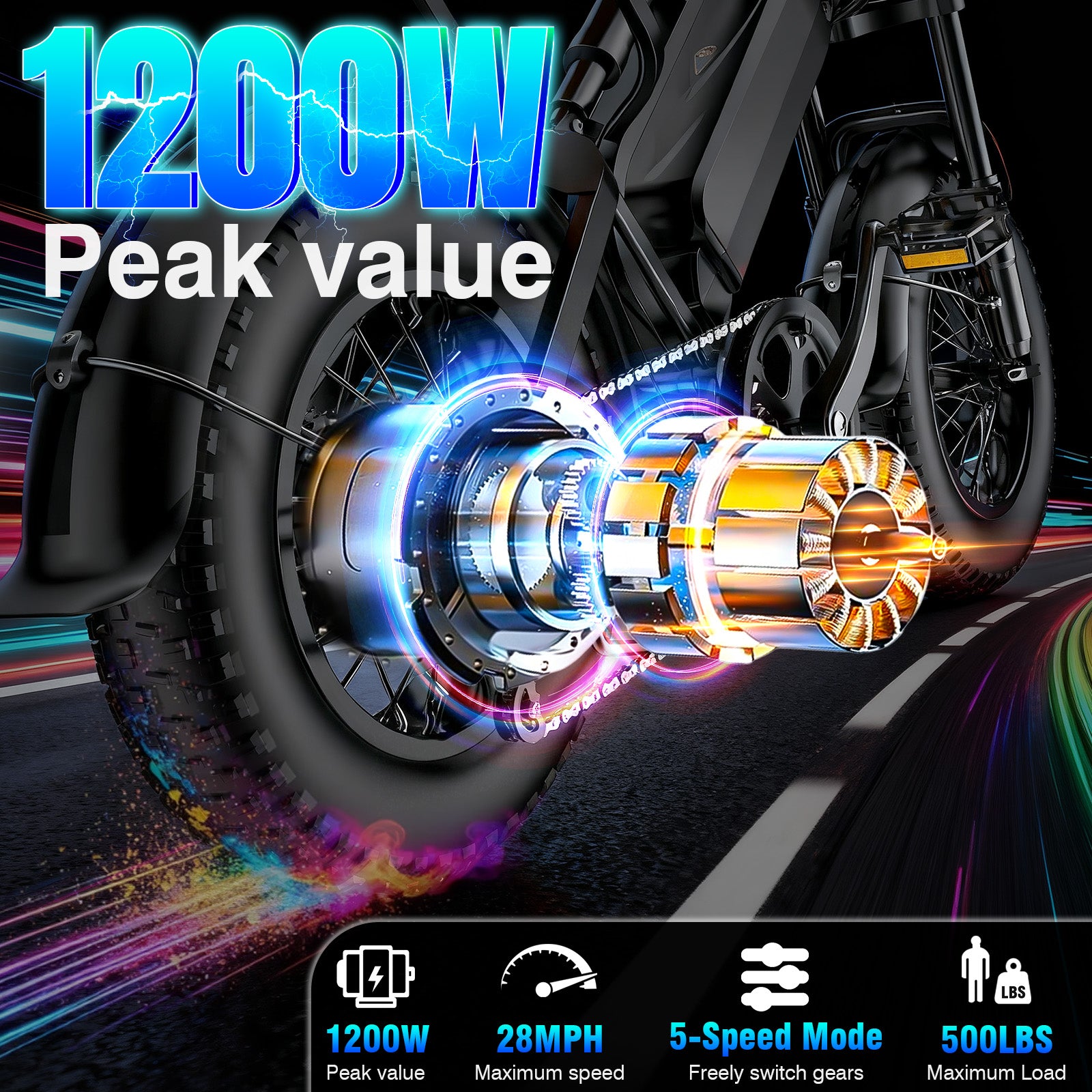 【Rexei Yeki】1200W Off-Road Electric Bike for Adults, 48V 18AH Removable Battery, 16" Wide Tires, 5-Speed Transmission, Dual Disc Brakes & Spring Suspension