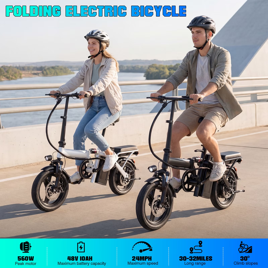 【Rexei Yeki 】14 Inch Folding Electric Bicycle, 560W Adult Electric Bicycle, 48V 10.4Ah, Maximum Range of 32 Miles, Dual Disc Brake Safety System, 3-Speed Riding, Front Fork with Shock Absorption, White