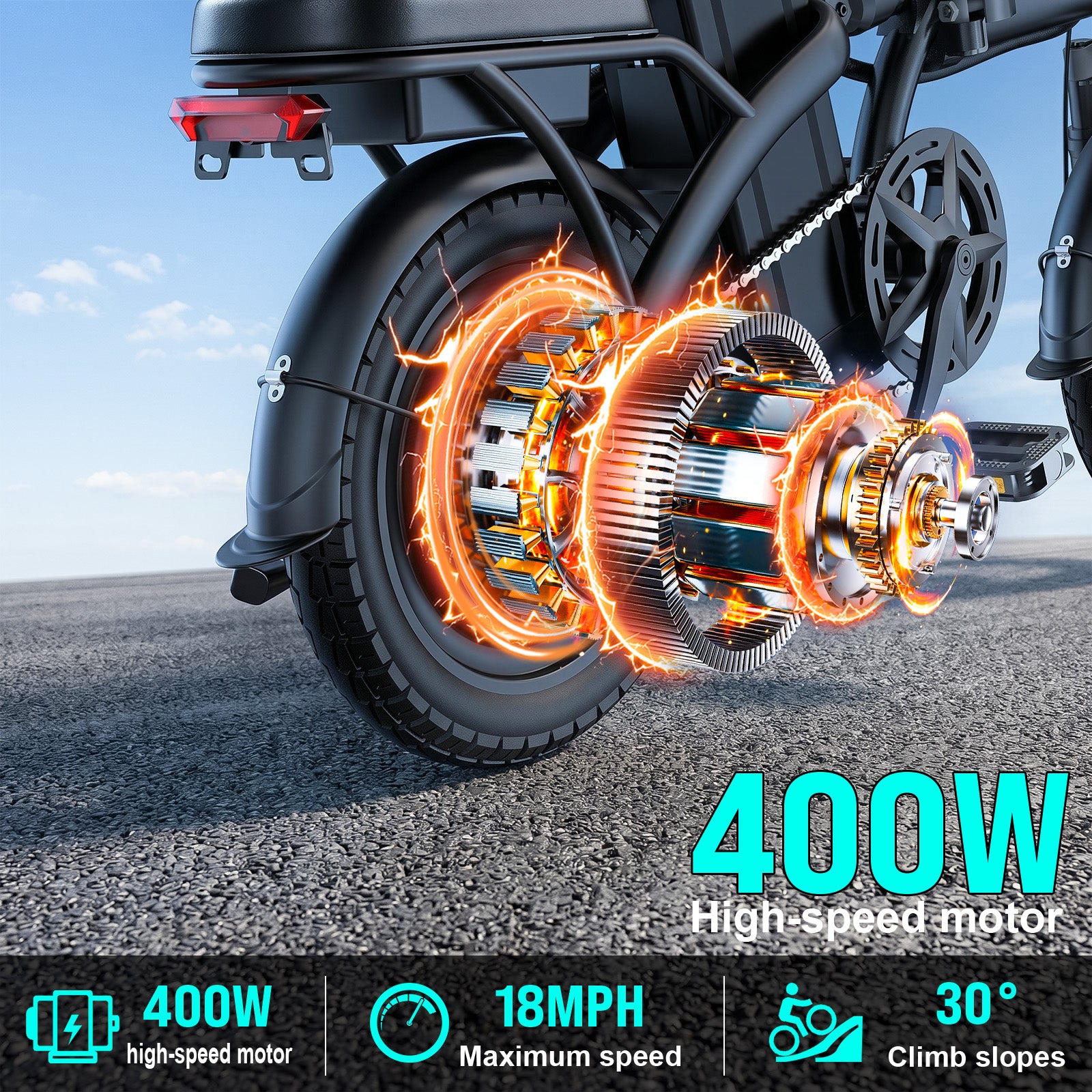 【Rexei Yeki 】14 Inch Folding Electric Bicycle, 400W Adult Electric Bicycle, 48V 10.4Ah,Top Speed 18Mph, Dual Disc Brake Safety System, 3-Speed Riding, Front Fork With Shock Absorption, Black