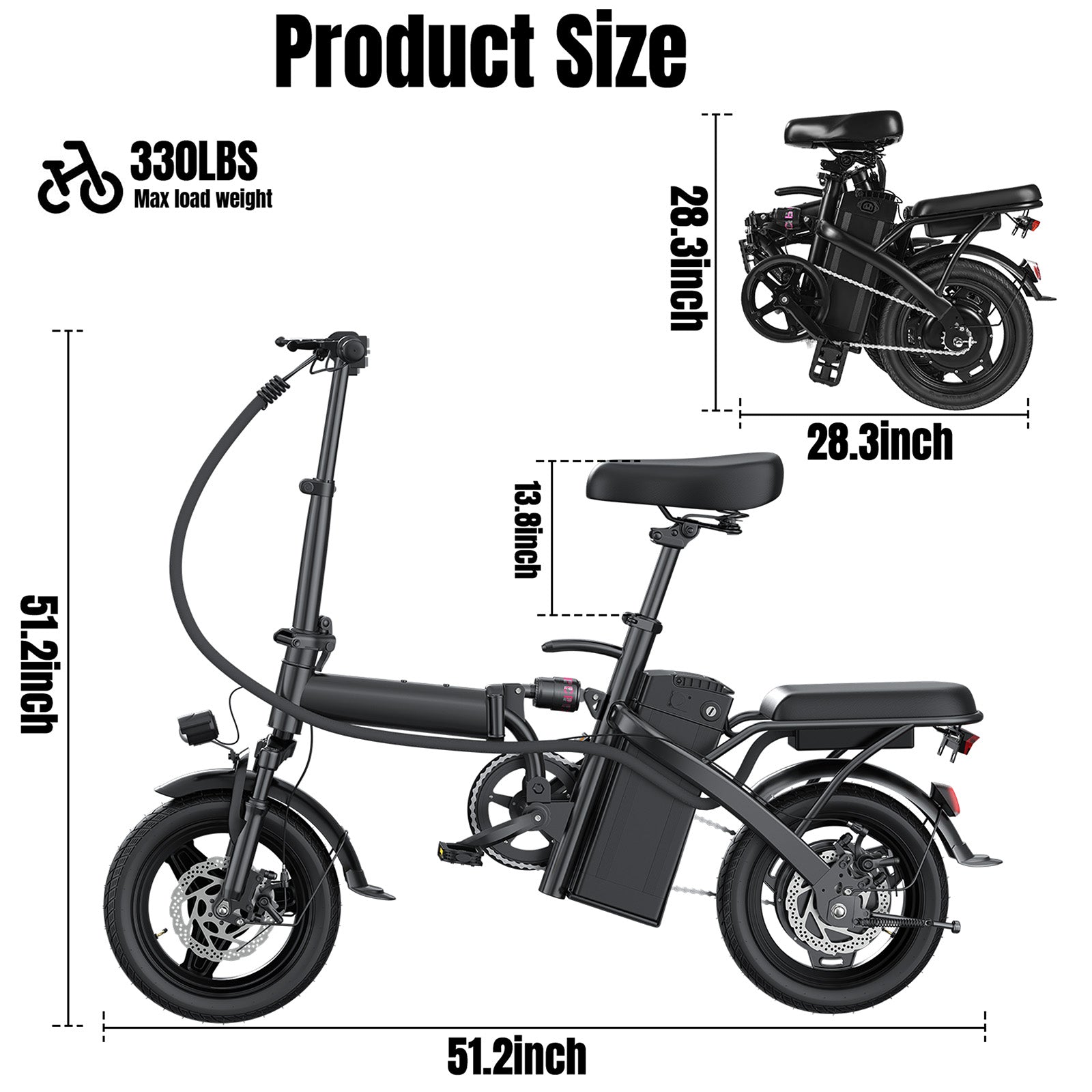 【Rexei Yeki】14 Inch Folding Electric Bicycle, 400W Adult Electric Bicycle, 48V 10.4Ah,Top Speed 19.9 Mph, Dual Disc Brake Safety System, 3-Speed Riding, Front Fork With Shock Absorption, Black