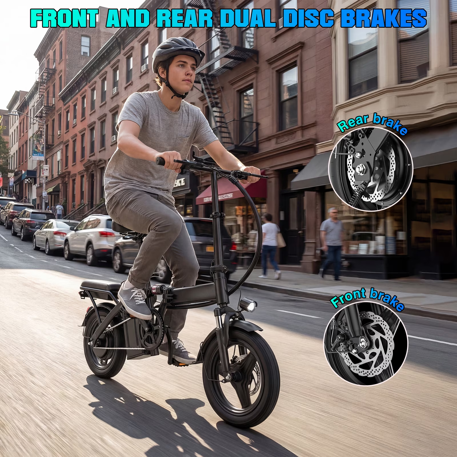 【Rexei Yeki 】14 Inch Folding Electric Bicycle, 560W Adult Electric Bicycle, 48V 10.4Ah, Maximum Range of 32 Miles, Dual Disc Brake Safety System, 3-Speed Riding, Front Fork with Shock Absorption, White