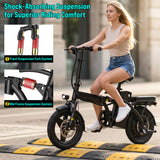 【Rexei Yeki 】14 Inch Folding Electric Bicycle, 400W Adult Electric Bicycle, 48V 10.4Ah,Top Speed 18Mph, Dual Disc Brake Safety System, 3-Speed Riding, Front Fork With Shock Absorption, Black