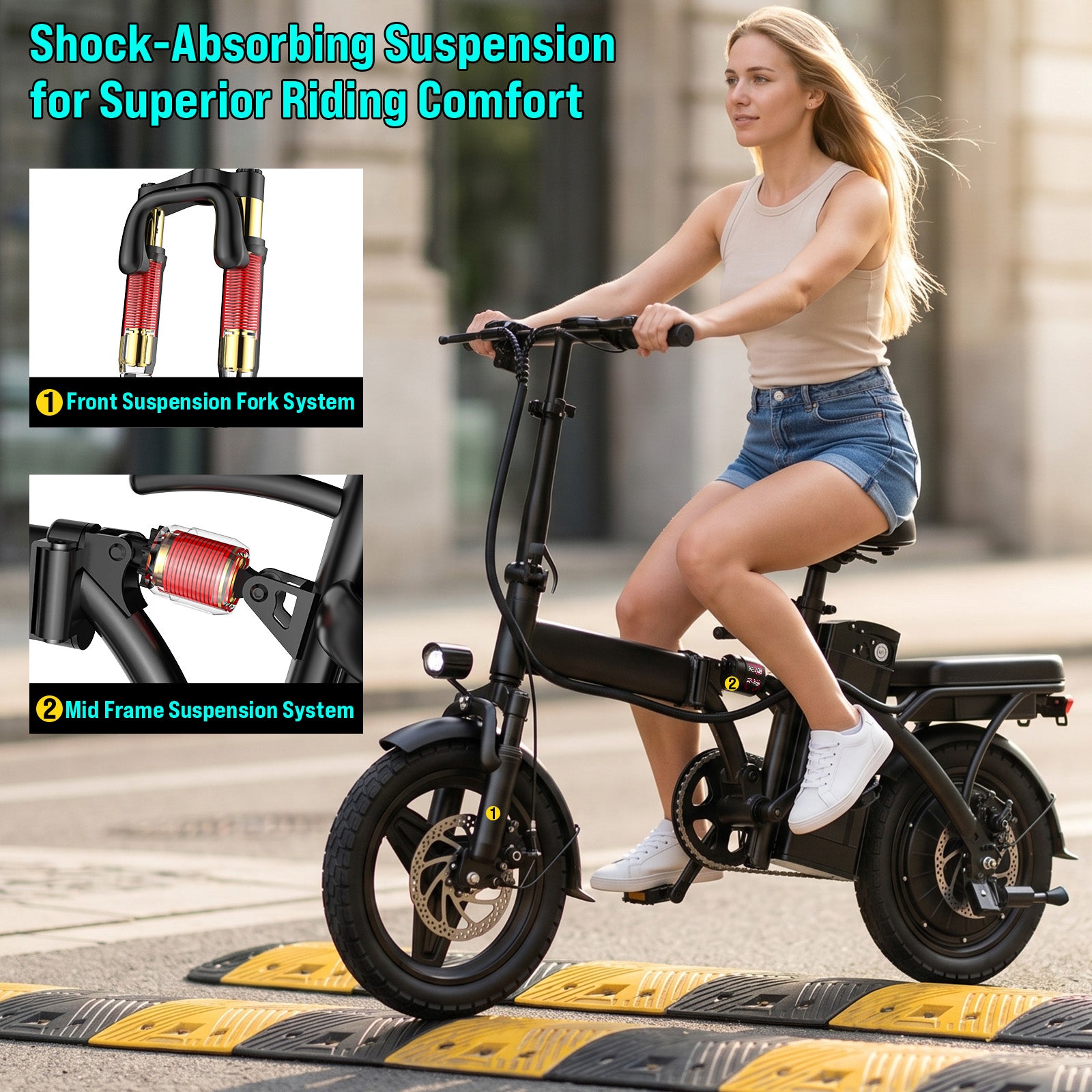 【Rexei Yeki 】14 Inch Folding Electric Bicycle, 400W Adult Electric Bicycle, 48V 10.4Ah,Top Speed 18Mph, Dual Disc Brake Safety System, 3-Speed Riding, Front Fork With Shock Absorption, Black
