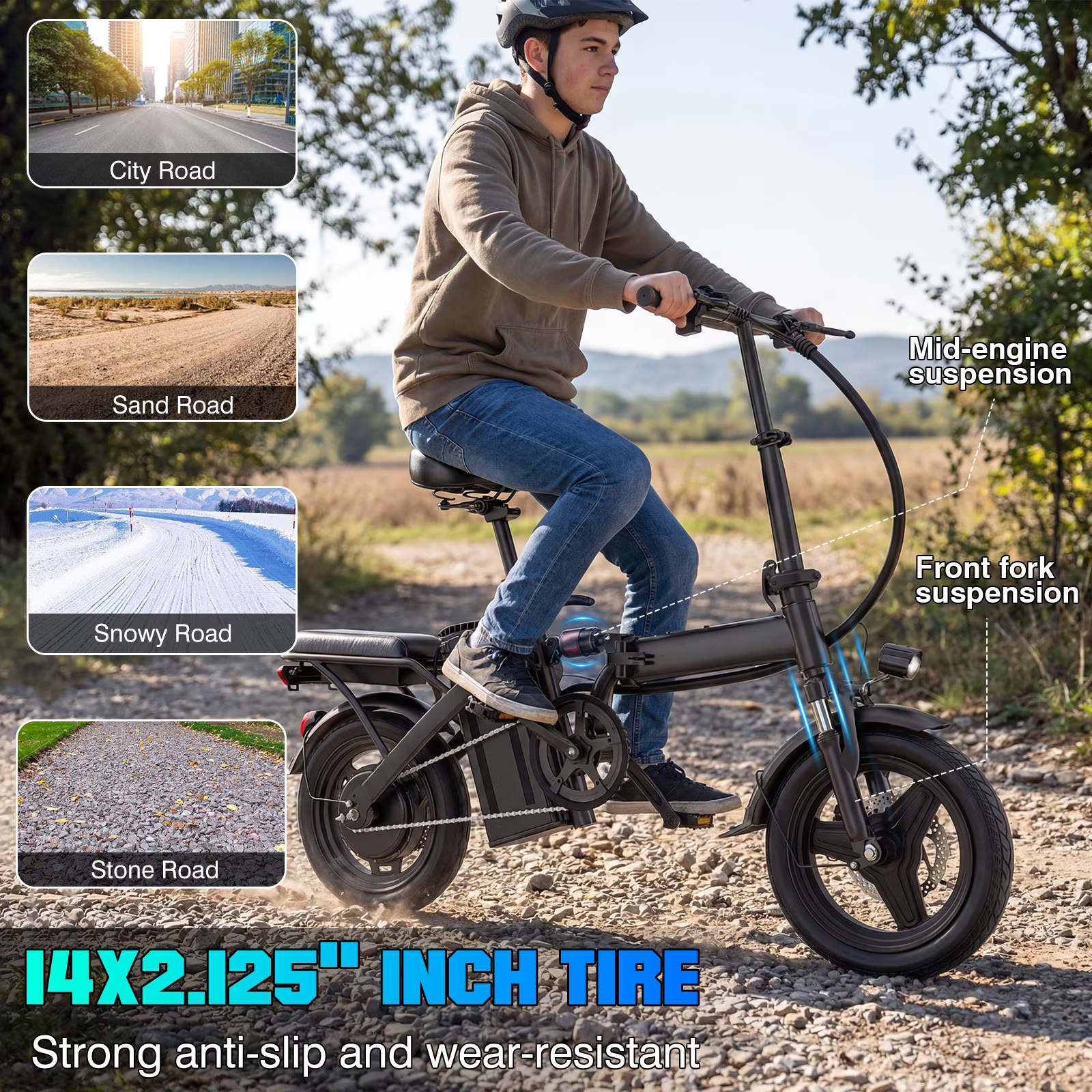 【Rexei Yeki 】14 Inch Folding Electric Bicycle, 560W Adult Electric Bicycle, 48V 10.4Ah, Maximum Range of 32 Miles, Dual Disc Brake Safety System, 3-Speed Riding, Front Fork with Shock Absorption, White