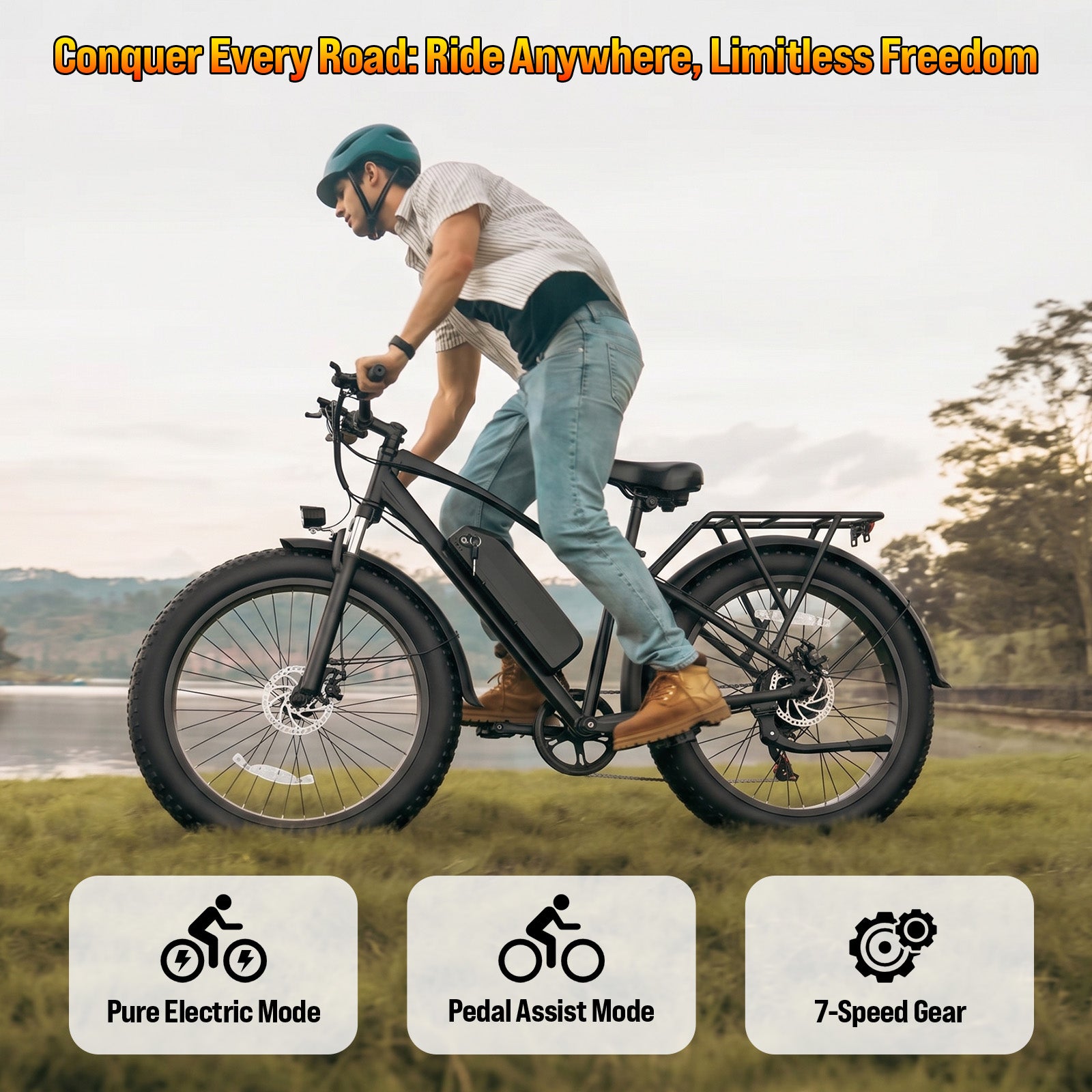 Rexei Yeki 1500W Electric Bike for Adults,26" Fat Tire EBike, 48V 18AH Battery, 28 MPH Max Speed, 7-Speed , 500 lbs, Front Suspension, Dual Disc Brakes, LCD Display, UL2849