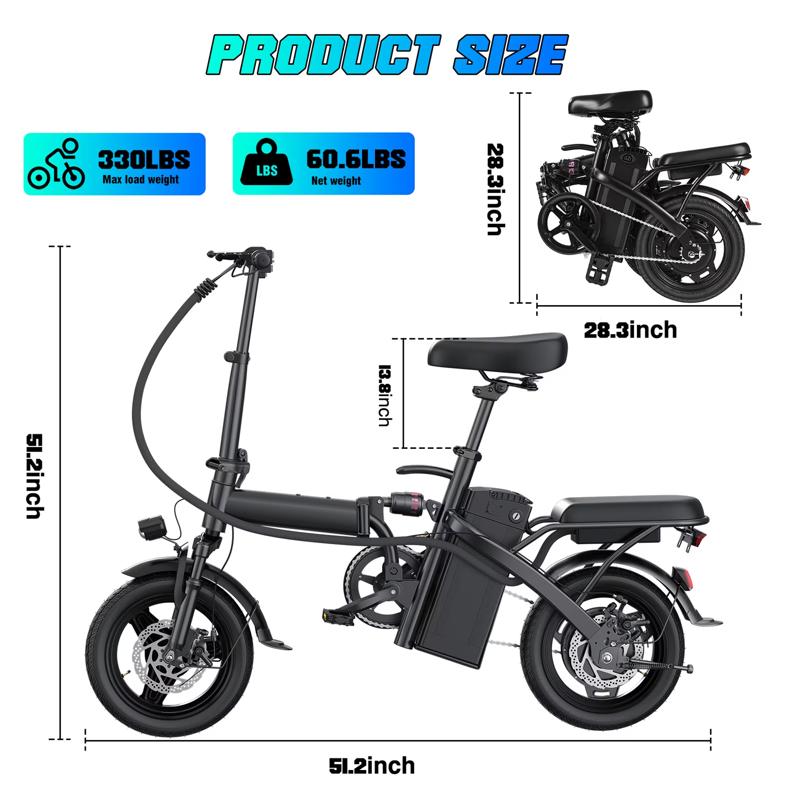 【Rexei Yeki 】14 Inch Folding Electric Bicycle, 560W Adult Electric Bicycle, 48V 10.4Ah, Maximum Range of 32 Miles, Dual Disc Brake Safety System, 3-Speed Riding, Front Fork with Shock Absorption, Black