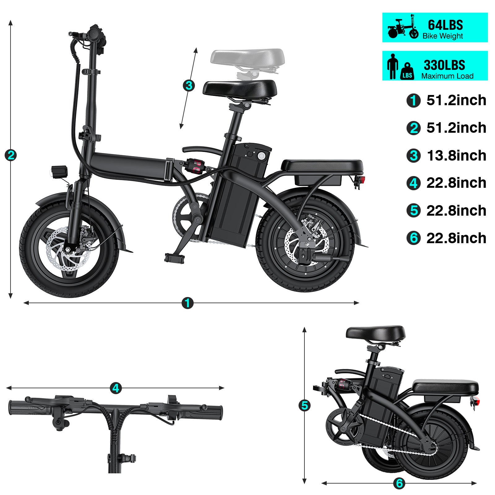 【Rexei Yeki 】14 Inch Folding Electric Bicycle, 400W Adult Electric Bicycle, 48V 10.4Ah,Top Speed 18Mph, Dual Disc Brake Safety System, 3-Speed Riding, Front Fork With Shock Absorption, Black