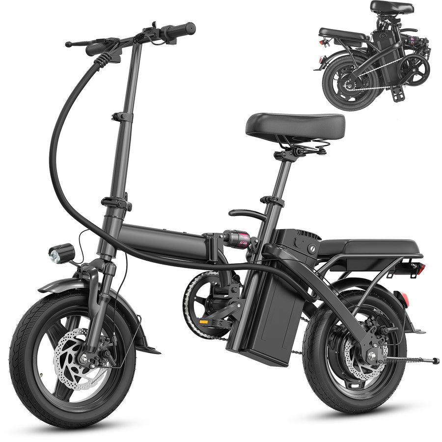 【Rexei Yeki】14 Inch Folding Electric Bicycle, 400W Adult Electric Bicycle, 48V 10.4Ah,Top Speed 19.9 Mph, Dual Disc Brake Safety System, 3-Speed Riding, Front Fork With Shock Absorption, Black